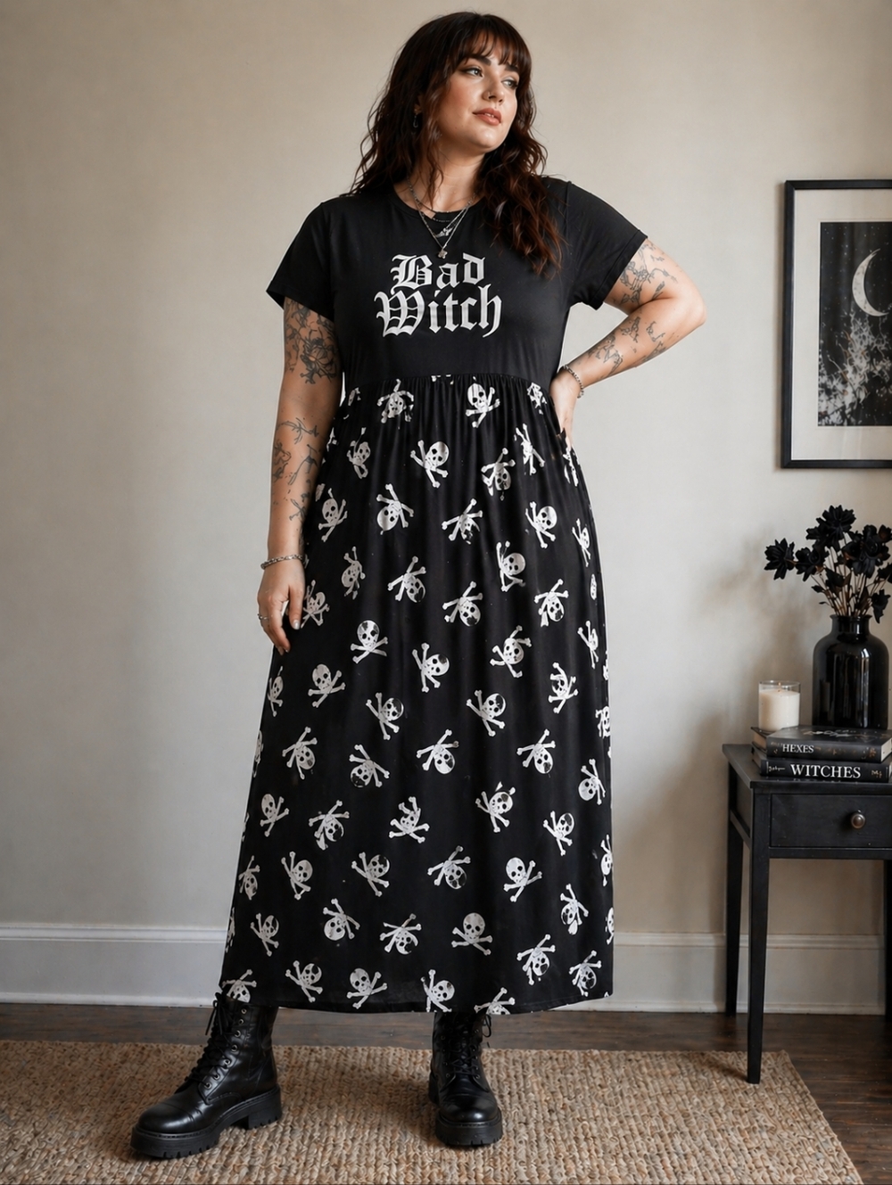 Dolls Kill Black 'Bad Witch' Maxi Dress with White Skull Print Relaxed Fit